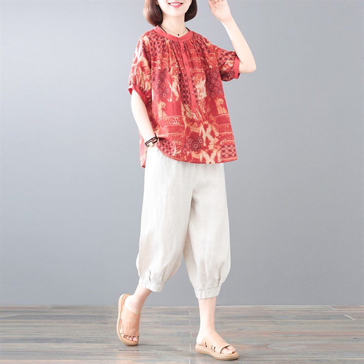 中年妈妈装2024夏装新款中老年女装亚麻短袖上衣棉麻两件套装洋气