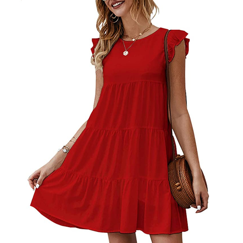 2023 Summer Women's Clothing New European and American Style Dress Solid Color round Neck Short Sleeves Casual Cake Dress Pleated Large Swing Skirt Women Clothes