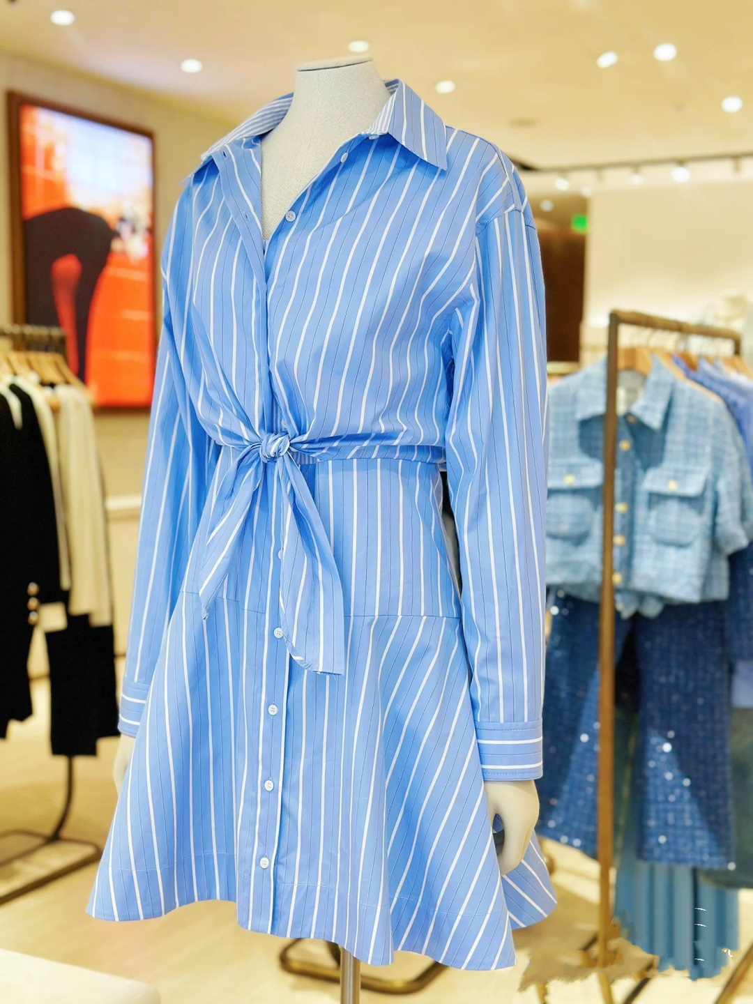 sandro2024新款连衣裙蓝色条纹纯棉长袖女装-阿里巴巴