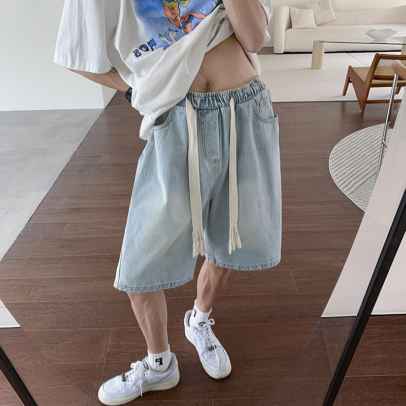 抽绳牛仔短裤男夏季薄款潮流外穿大裤衩松紧腰运动五分裤宽松潮牌