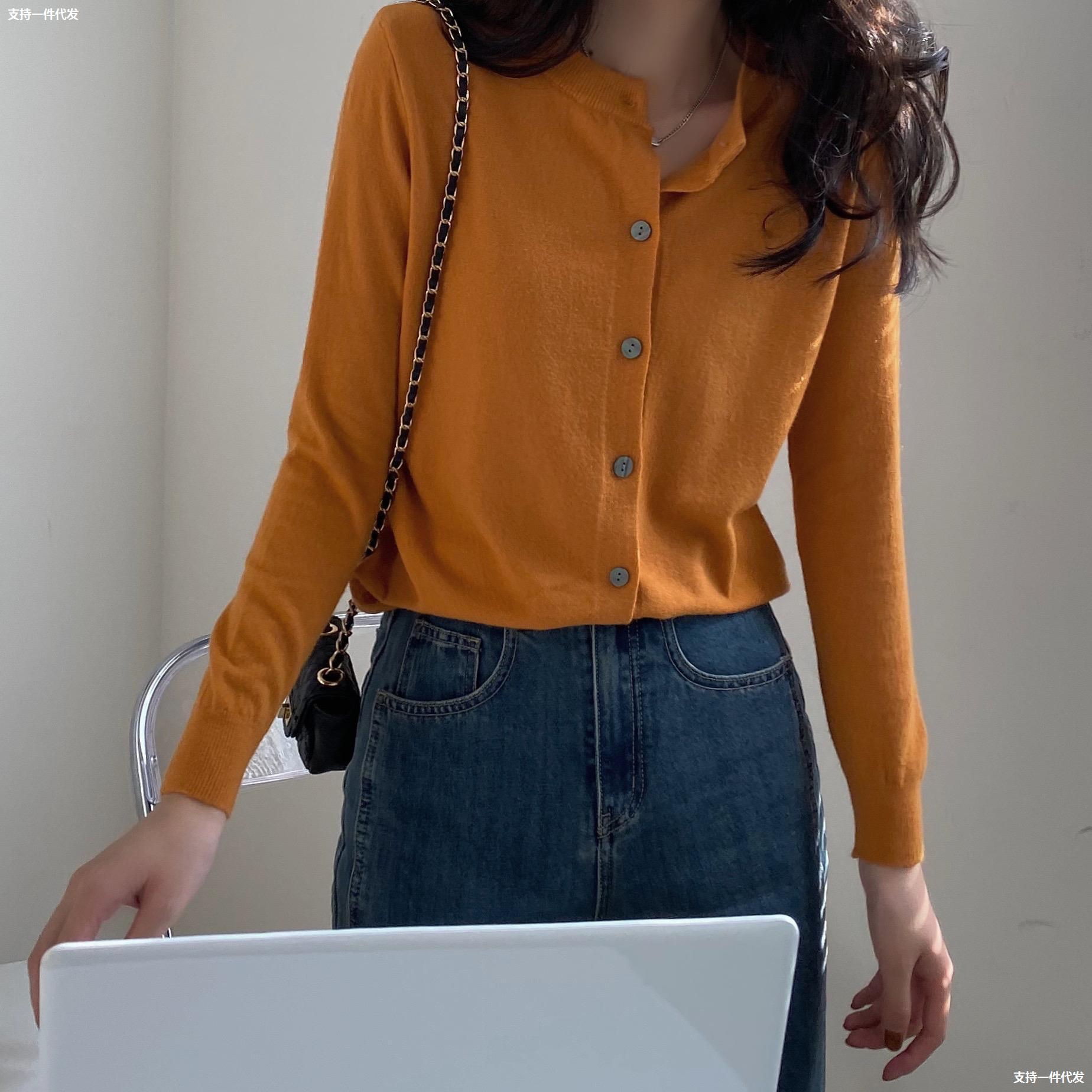 小开衫圆领长袖针织衫女秋季2021年新款韩版宽松显瘦百搭休闲上衣