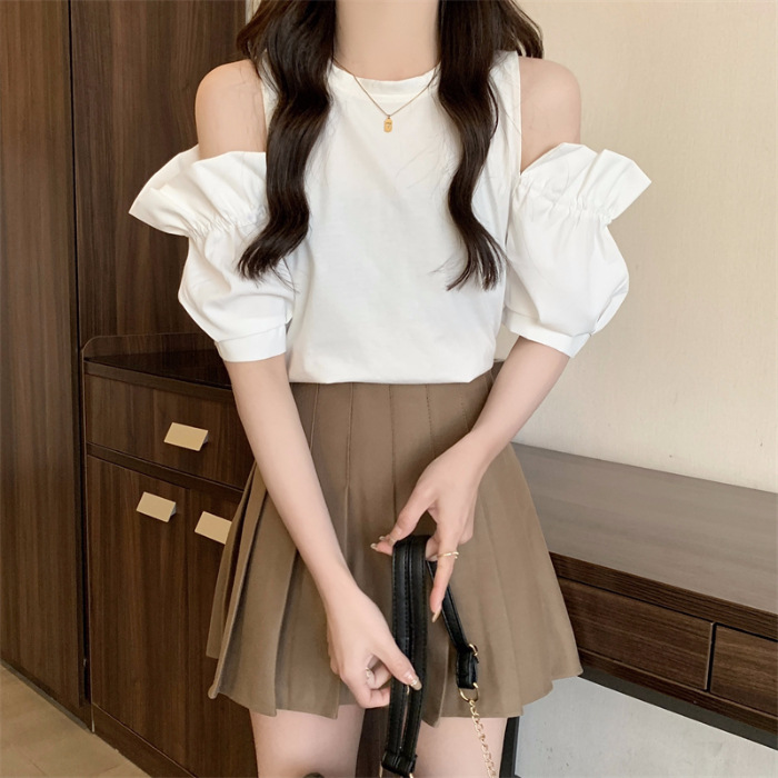 2023 Summer New Korean Style Short Sleeve T-shirt Women's off-Shoulder Fresh Sweet Ruffle Sleeve Casual Hong Kong Style Shirt