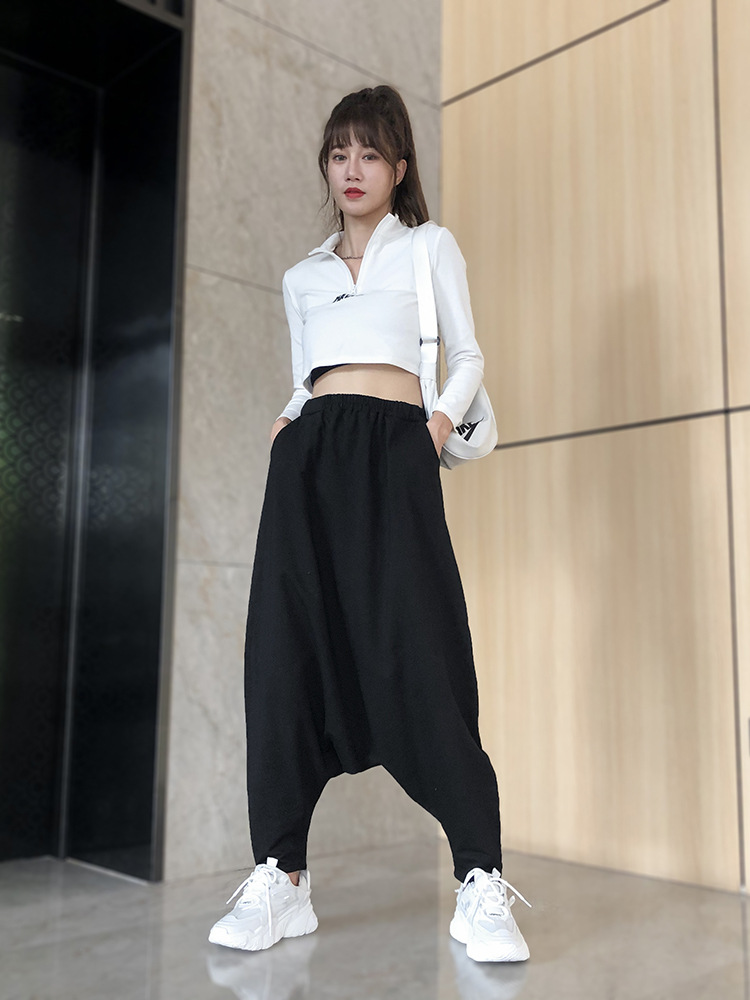 新品允格春秋季新款吊裆裤女 纯色简洁大裆裤哈伦裤韩版个性