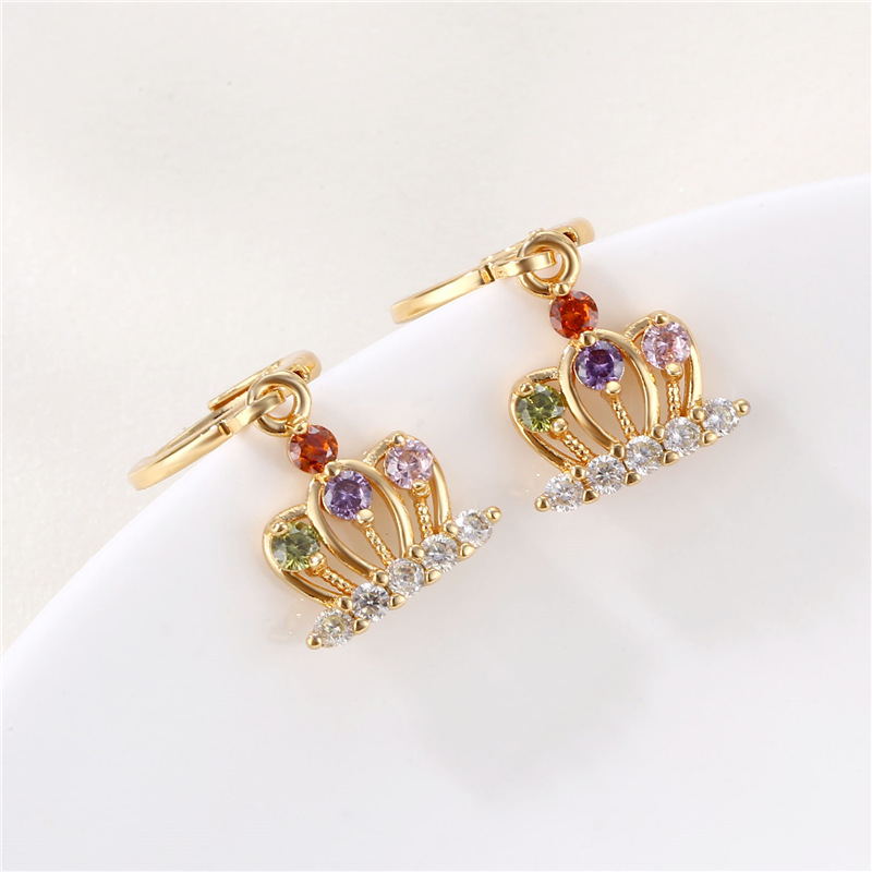 Copper-Plated Gold Diamond-Embedded Ear Ring Geometric Crown Earrings Colorful Zircon Earrings Women's Cross-Border Fashion Copper Ornaments Spot Goods