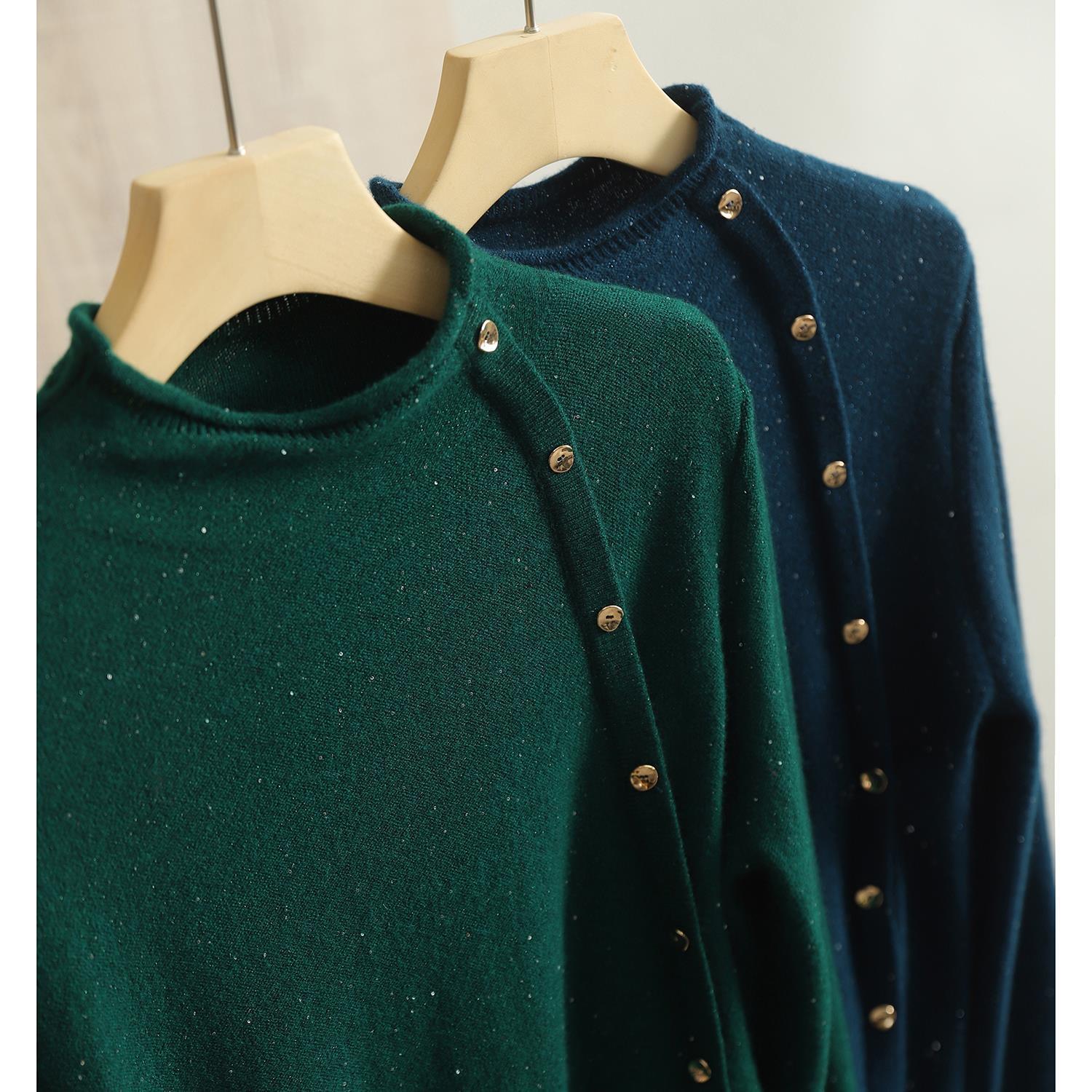 欧洲站秋冬新款韩版 闪耀星光包裹温度 慵懒羊毛珠片纱高领毛衣女