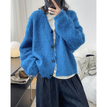 毛感毛衣冬新韩款版慵懒v领毛衣开衫宽松羊毛软糯温暖针织外套女