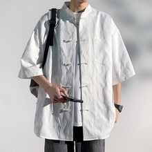 新中式国风盘扣短袖衬衫男夏季新款高级感宽松潮流中国风立领衬衣
