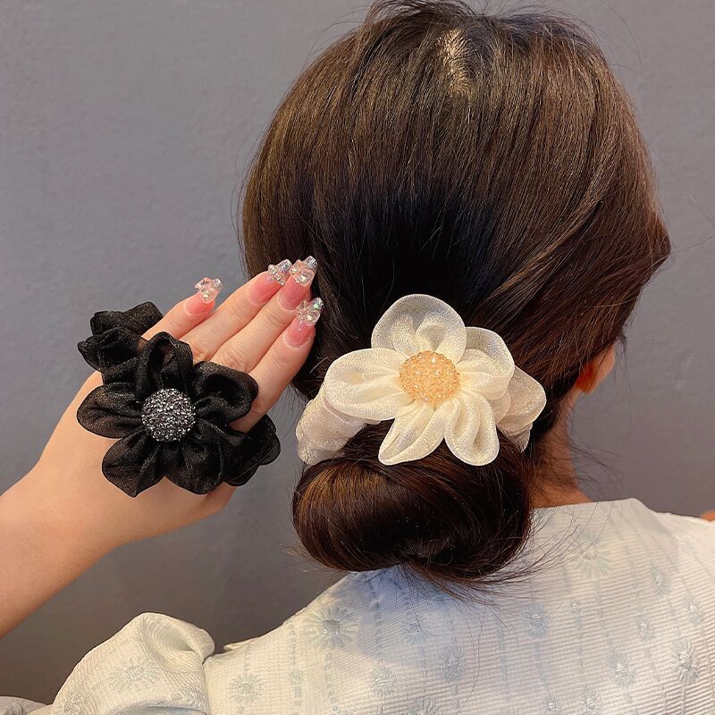 Simple Spring and Summer Mesh Five Petal Flower Hair Band Internet Celebrity 2022 New Hot Rhinestone Large Intestine Ring Rubber Band Fashion Headband for Women