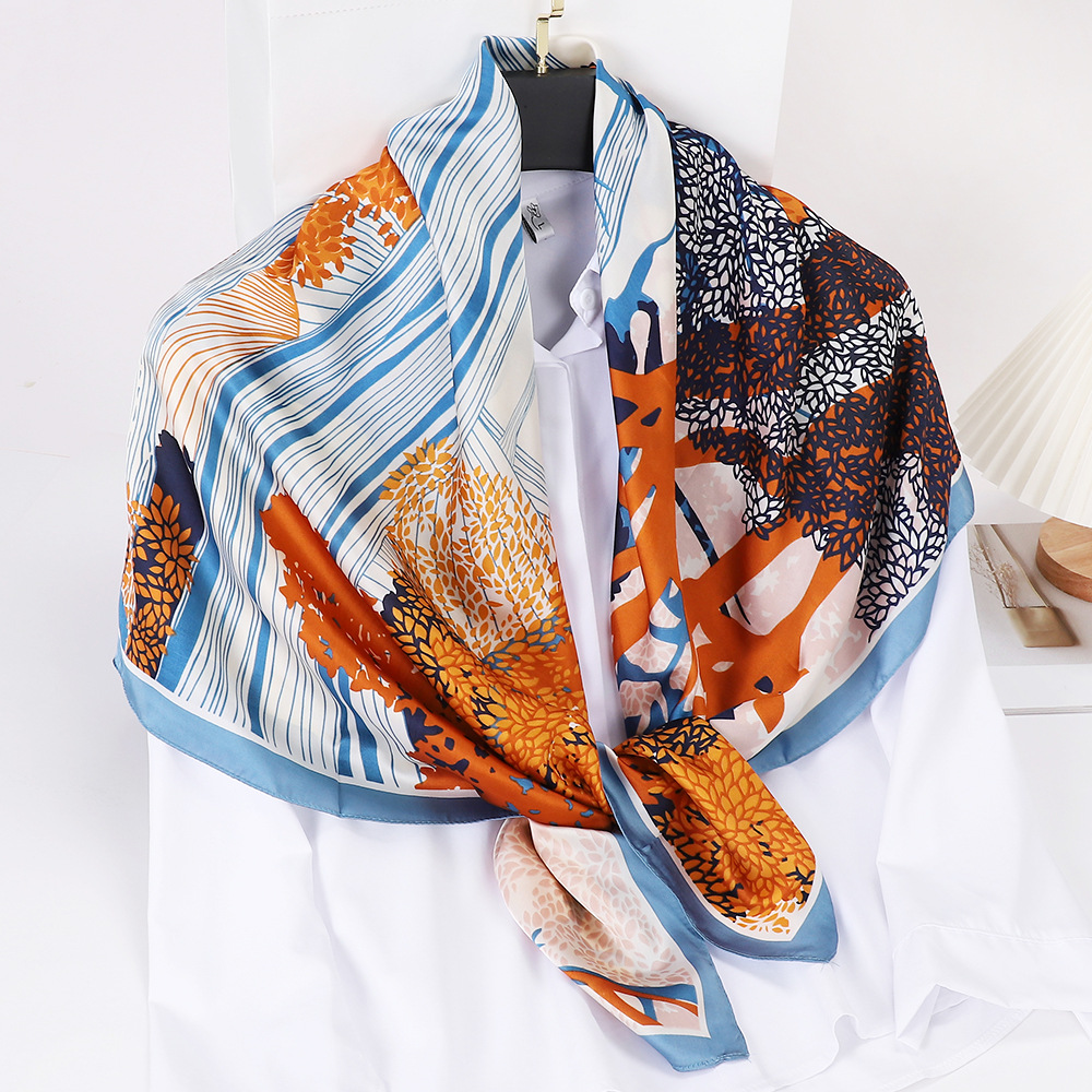 Simple Western Style European and American Large Kerchief 110cm Li Jin Satin Imitated Silk Scarves Colorblock All-Matching Autumn and Winter Bib Shawl