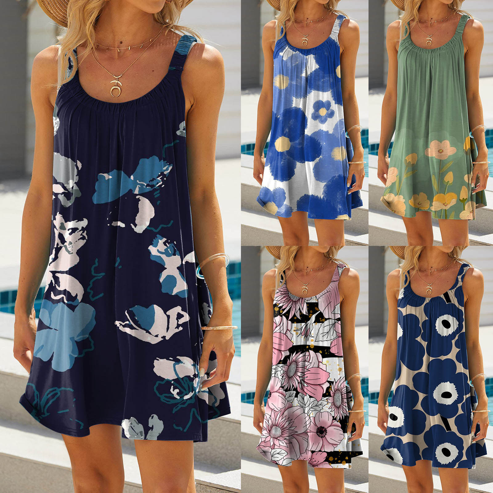 2023夏季新款外贸wishebay欧美女装印花仿棉露肩连衣裙