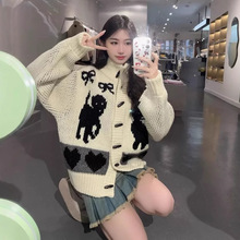 新款韩系慵懒风猫咪蝴蝶结提花撞色针织开衫女牛角扣立领毛衣外套