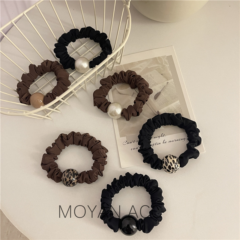 High-Grade Pearl Black Large Intestine Hair Ring Rubber Band Hair Accessories Simple Velvet High Elastic Hair Bands All-Matching Hair Rope Headdress