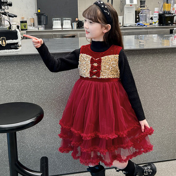 1红色加绒儿童裙子红色年服连衣裙冬季女童马甲裙两件套跨境代发