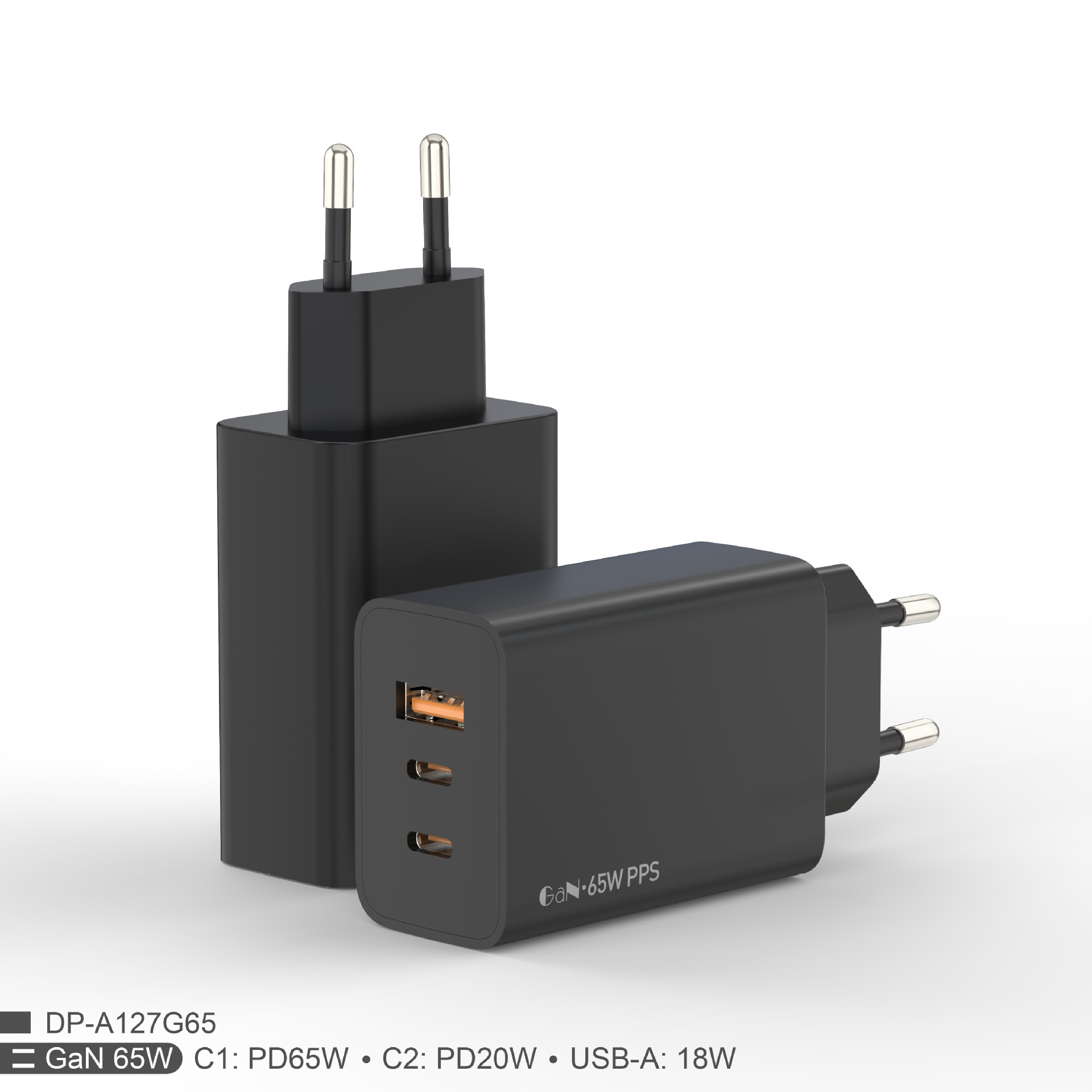 跨境热销 欧规 gan 65w 氮化镓 快充头多口 双c单a口 插头充电器