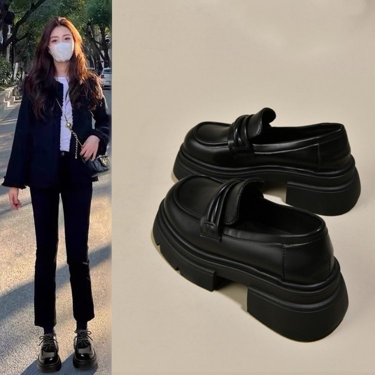 厚底英伦风小皮鞋女2024年春季新款女鞋黑色百搭乐福鞋一脚蹬单鞋