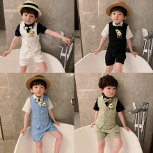 儿童马甲套装夏款2023韩版男童糖果色拼接马甲+裤子2件套一件代发