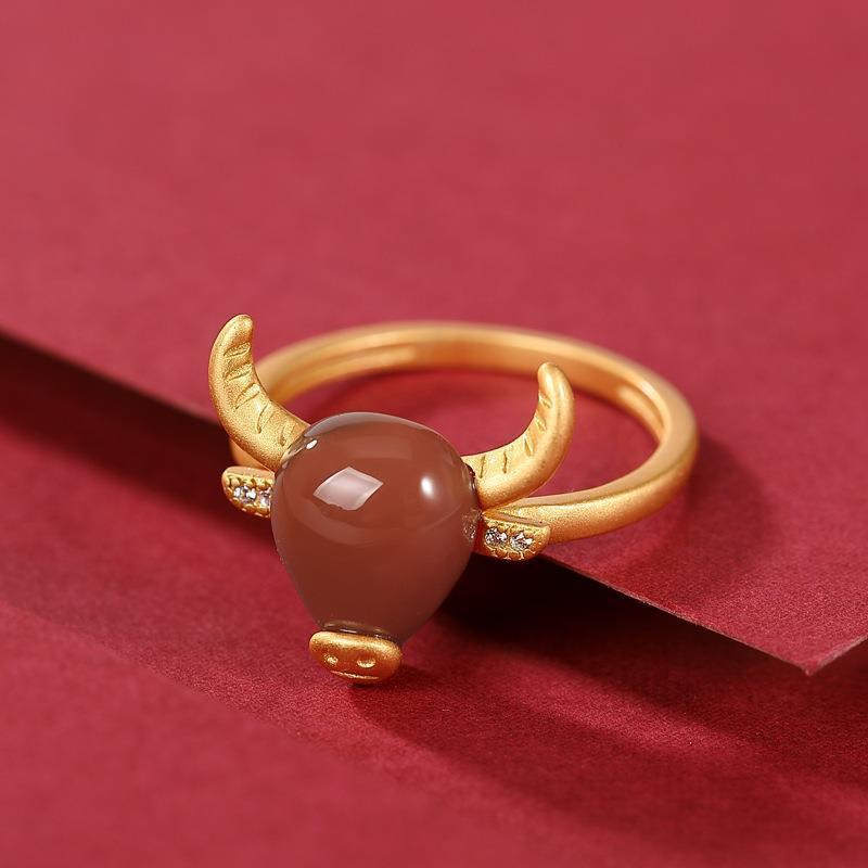 牛气冲天南红玛瑙戒指原创s925纯银鎏金牛角本命年生肖牛女士指环