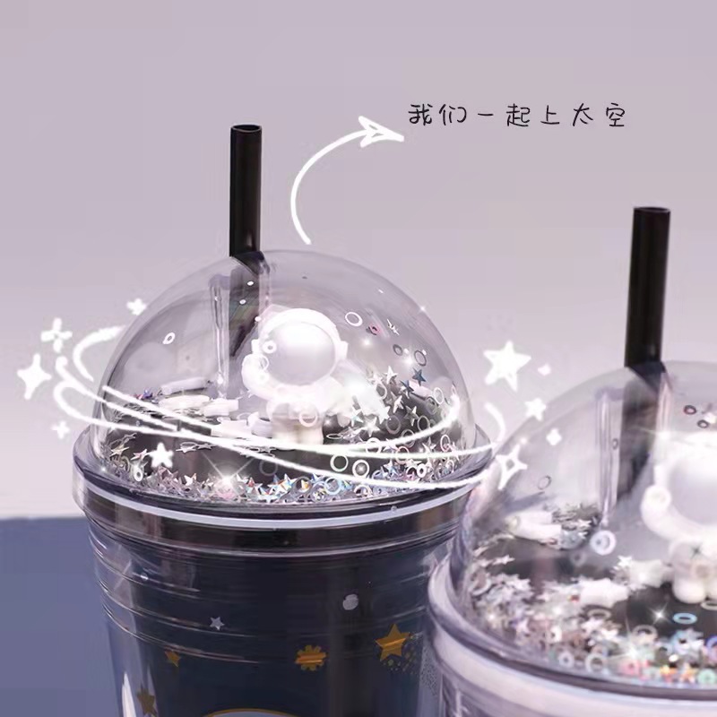 Astronaut Space Double-Layer Cup with Straw Creative Trending Gift Cup Plastic Cup Water Cup Cup