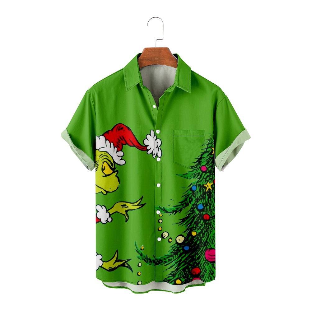 亚马逊新款跨境圣诞节图案 绿毛怪 动物印花短袖休闲男士上衣衬衫