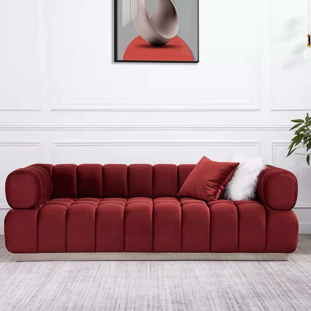 北欧轻奢现代小户型客厅 酒店接待室 酒红色丝绒布艺整装三人沙发