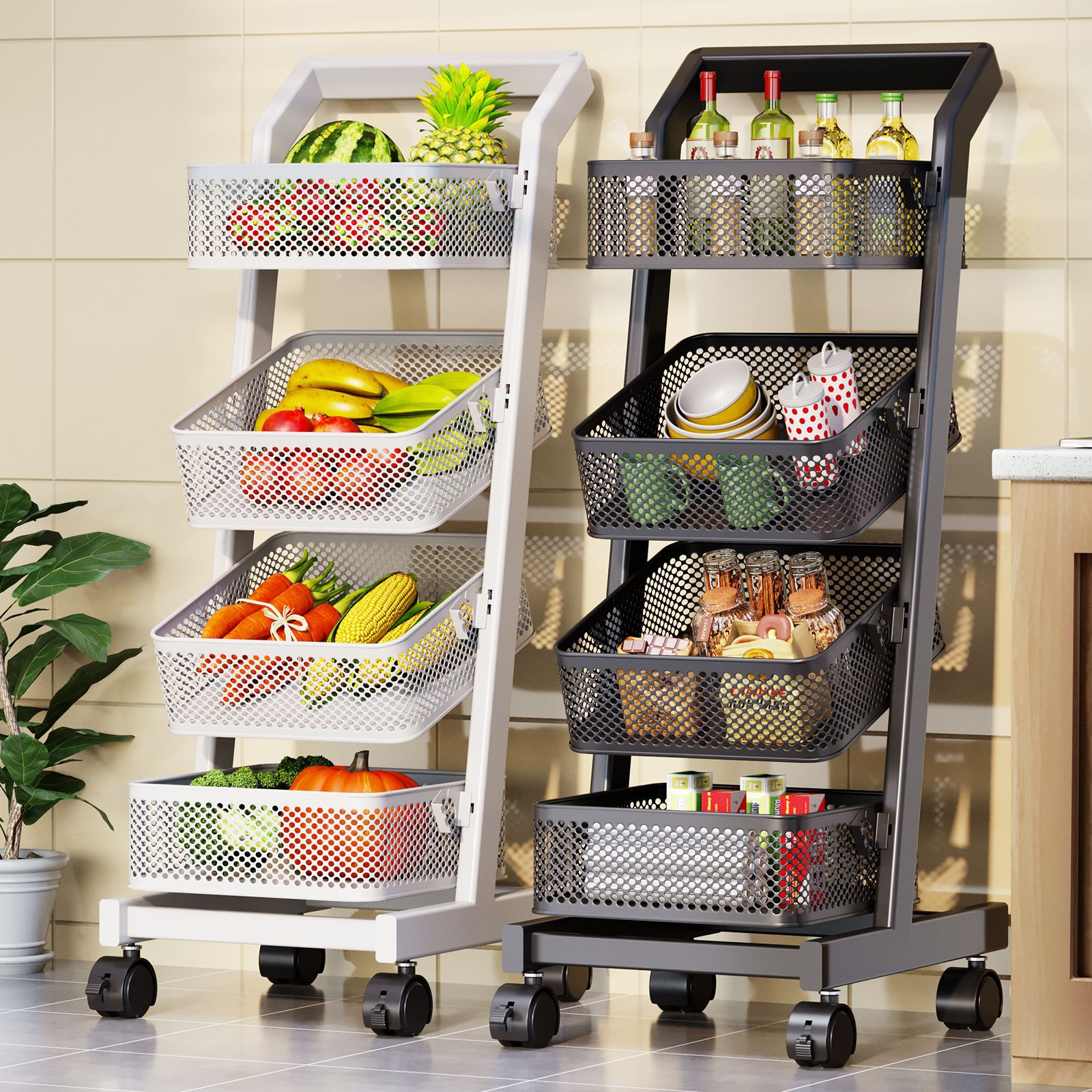 小推车置物架厨房水果蔬菜篮子可移动收纳筐落地家用多层储物架子