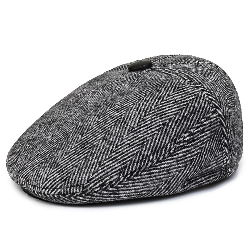 Woolen Autumn and Winter Flat Top Advance Hats Male New British Vintage Patch Beret Middle-Aged and Elderly Peaked Cap