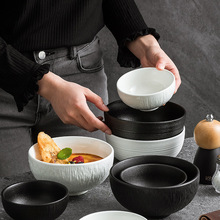 新款磨砂陶瓷碗高档餐厅沙拉碗酒店特色面碗岩石纹黑白汤碗米饭碗