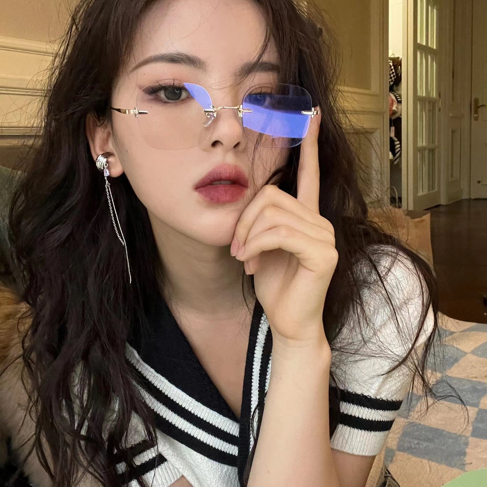 新款时尚无框防蓝光平光镜 jennie 杨超越同款ins复古眼镜框架女