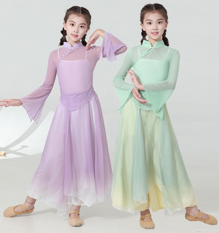 儿童古典舞蹈服中国舞身韵练功服纱衣女童民族舞扇子舞渐变演出服
