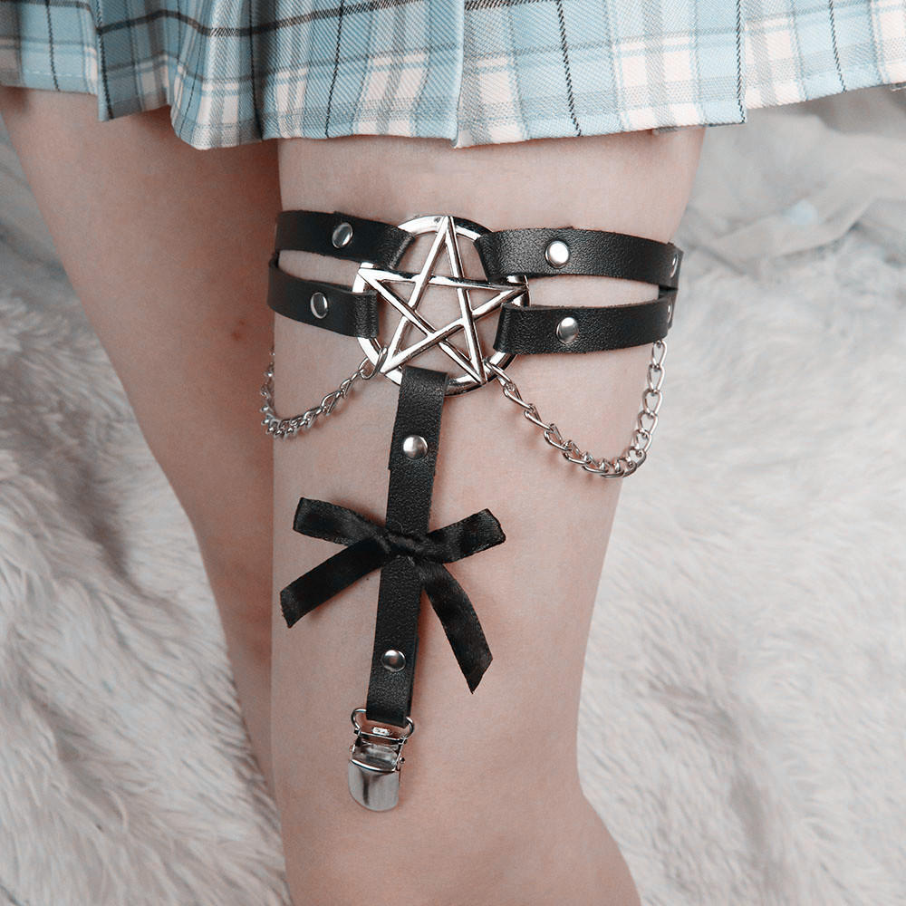 厂家直销朋克摇滚性感蝴蝶结皮质吊袜带街舞夜店腿环脚环防脱袜夹