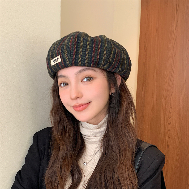 Autumn Winter Retro Striped Beret Female Hong Kong Style Arts Painter Hat Net Red Pumpkin Hat Show Face Small Hepburn Fashion