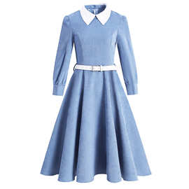 22年春赫本复古风显白减龄衬衣衬衫翻领长袖大摆蓝色灯芯绒连衣裙