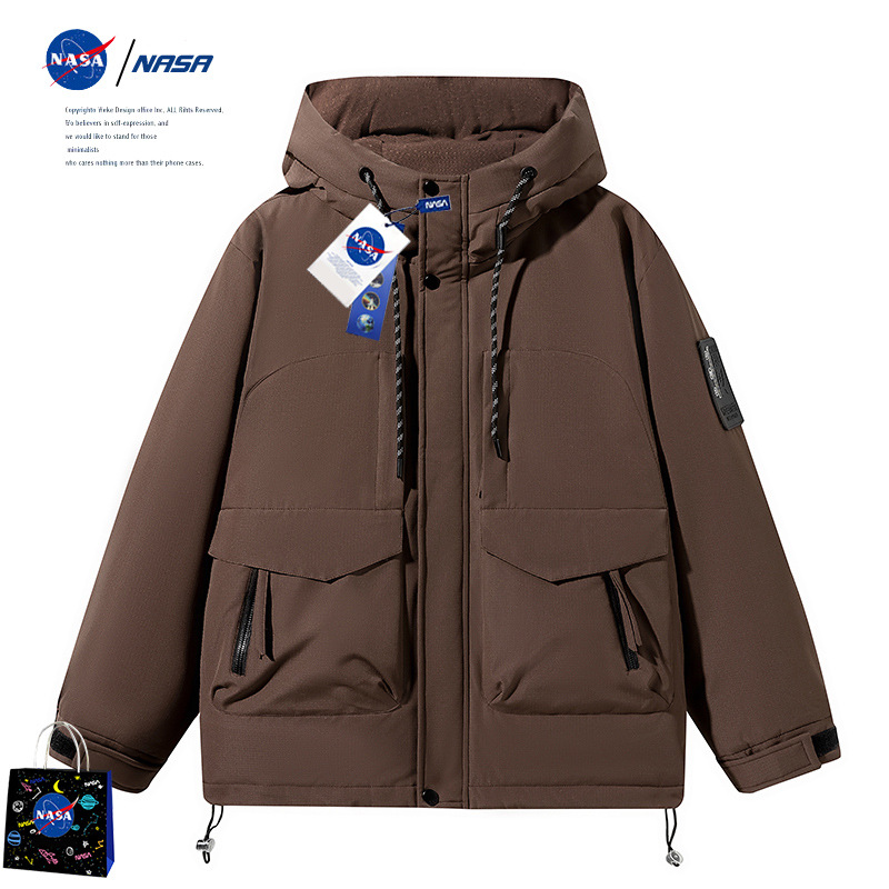 nasa联名2023冬季新款连帽羽绒服男士宽松休闲工装学生白鸭绒外套