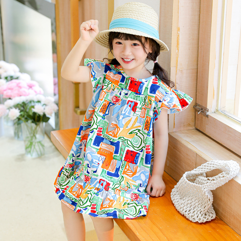 spring sweet children girls‘ cartoon printed cotton a- line dress children‘s dress one piece dropshipping