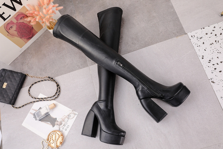 欧美时尚防水台方头恨天高显瘦弹力侧拉过膝靴粗跟大码走秀高筒靴