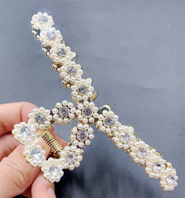 簪雅新款珍珠发水钻发抓夹11-7cm盘发鲨鱼夹时尚真金电镀发饰发卡