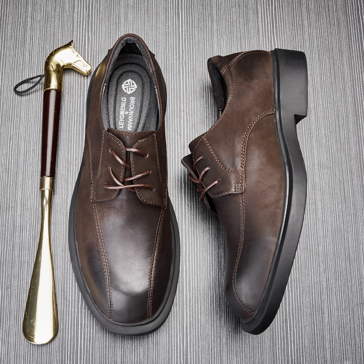 潮流商务软底休闲男单皮鞋春夏新款透气真皮系带英伦风圆头小皮鞋