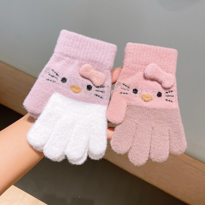 Children's Knitted Crystal Velvet Warm Gloves Cute Cat Heart Five-Finger Little Girl Writing Cold-Proof Gloves 5-10