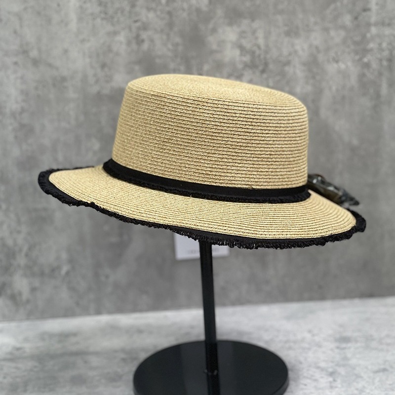 时尚流苏边细草编平顶遮阳帽宽檐户外防晒百搭草帽女夏出游显脸小