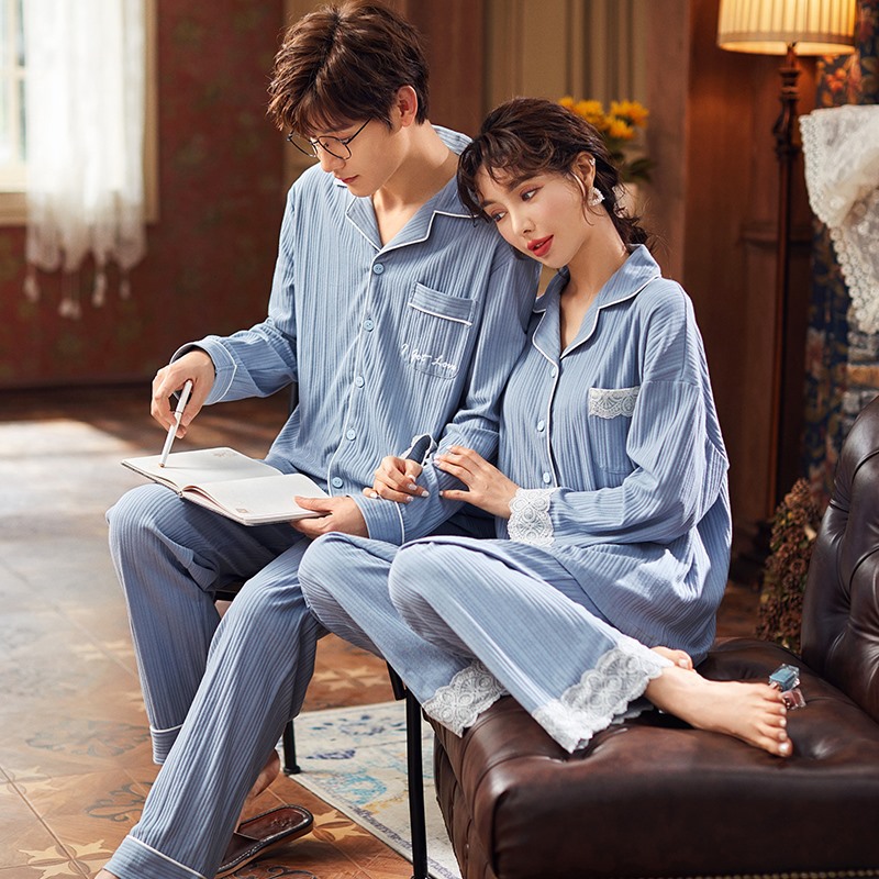 绿妍2021春新款针织纯棉睡衣翻领开衫韩版简约大方情侣套装家居服