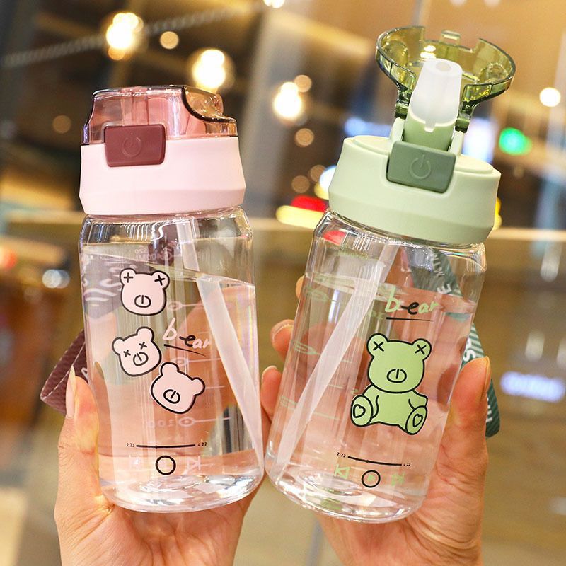 Water Bottle with Rope High-Looking Children's Cute Plastic Water Cup New Student Portable Cup Straw Cup