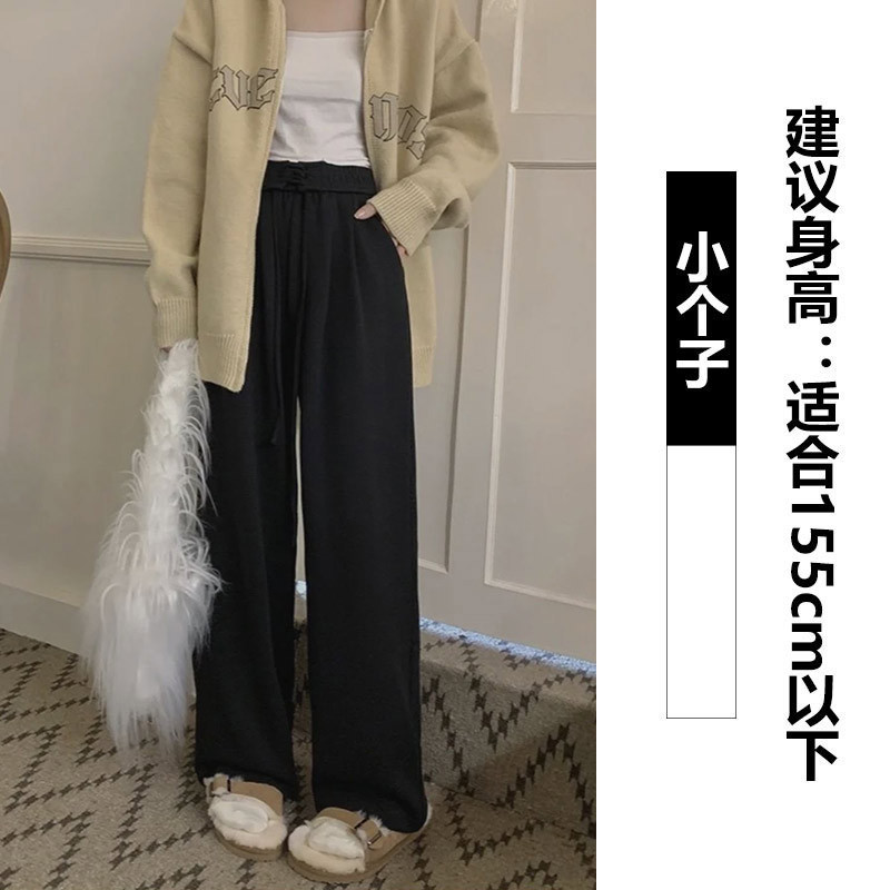 Gray Wide-Leg Pants Women's Spring and Autumn 2023 New Drawstring Sports Pants High Waist Drooping Straight Mop