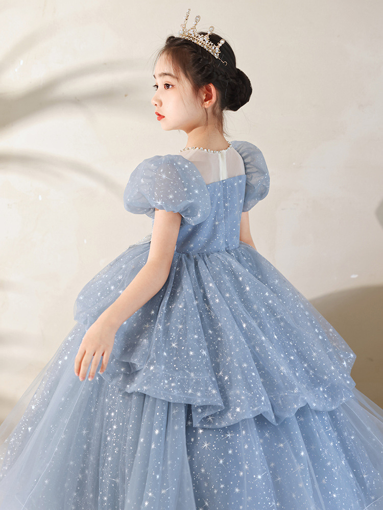 Children's Dress Blue Princess Dress 2024 New Fashion Temperament Host Catwalk Performance Costumes French Entry Lux Female