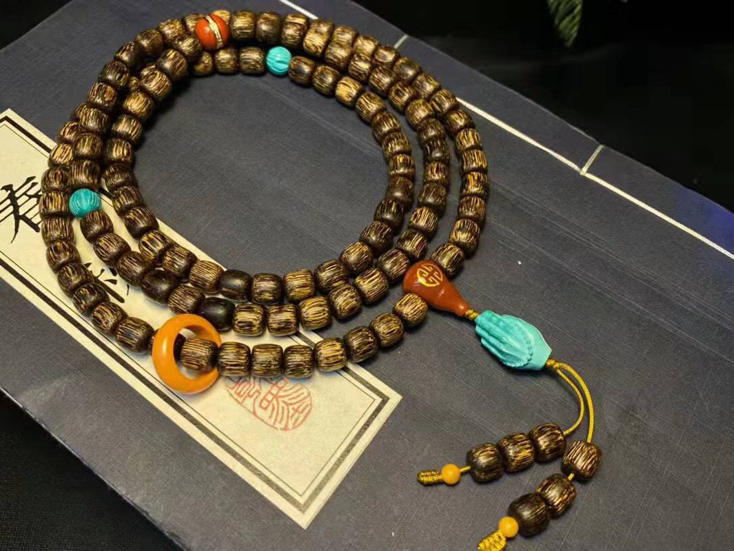 原创diy天然奇楠级别沉香108颗老型桶珠男女款手串链配南红绿松