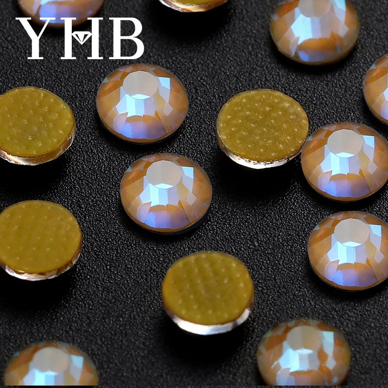 Factory Wholesale New Glass Hot Drilling round Mesh Rubber Bottom Crystal Yellowish Brown FLASH COLOR Nail Stickers Rhinestone Jewelry Heat Transfer Printing