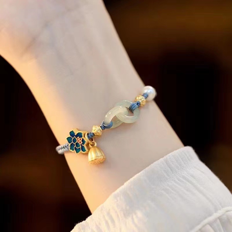 Chinese Style Safety Buckle Bracelet Women's Imitation Hetian Jade Bracelet Crystal String Beads Flower Bracelet Female Gift Girlfriends Bracelet