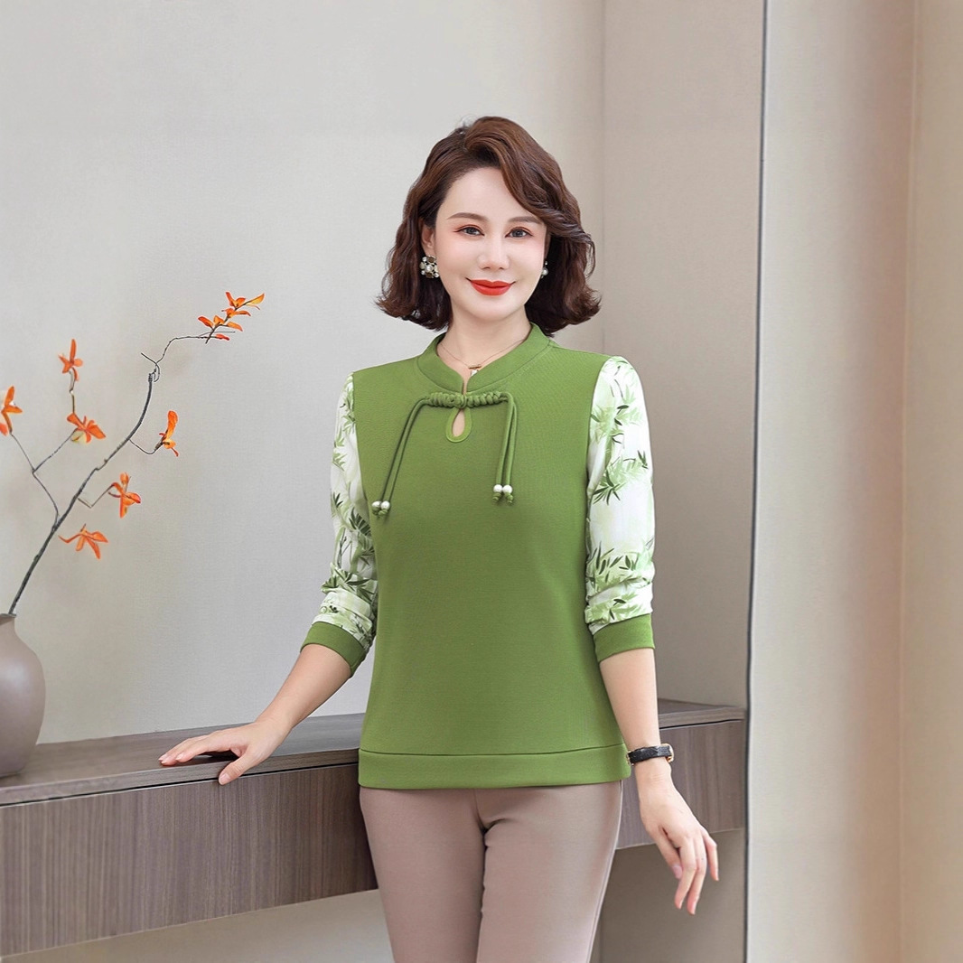 一件代发款新中式小衫百搭不挑人黑花竹叶时尚百搭女士休闲打底衫