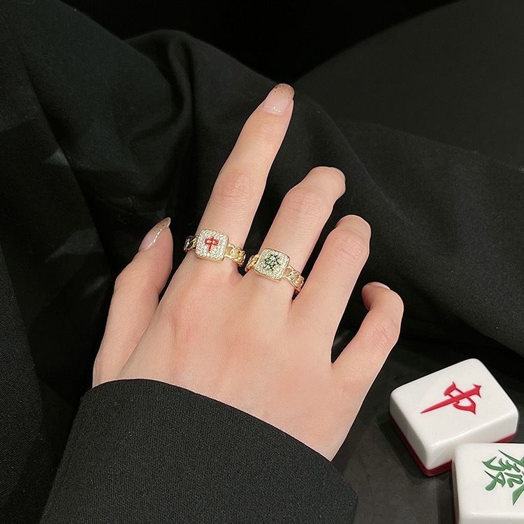 抖音同款麻将戒指发财红中可调节开口戒指环个性打牌好运食指戒指
