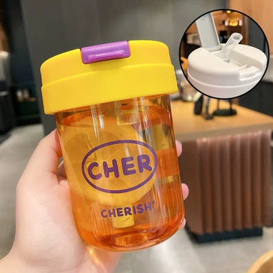 Children's Student Plastic Cup Portable and Simple Boys and Girls Cup with Straw High Temperature Resistant Cute Good-looking Water Cup Gift