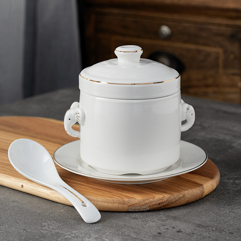 陶瓷炖盅隔水炖家用煲汤盅餐厅金边带盖小汤盅双盖炖燕窝蒸汤炖罐